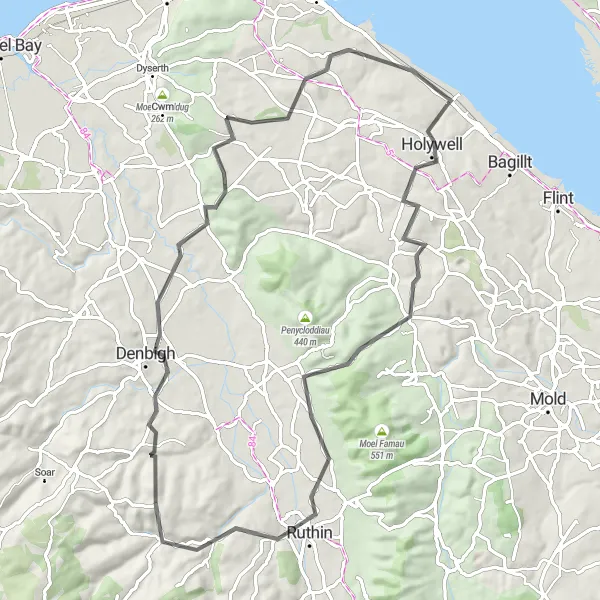 Map miniature of "Holywell Circular Road Route" cycling inspiration in East Wales, United Kingdom. Generated by Tarmacs.app cycling route planner