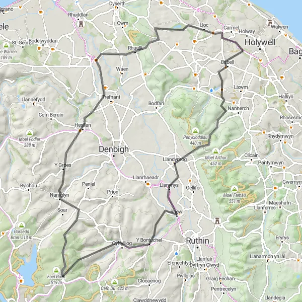 Map miniature of "Holywell and Beyond" cycling inspiration in East Wales, United Kingdom. Generated by Tarmacs.app cycling route planner