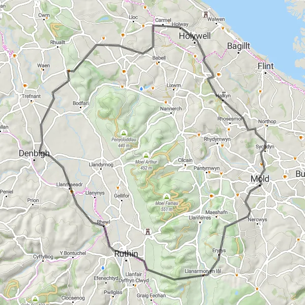 Map miniature of "Mold and Beyond" cycling inspiration in East Wales, United Kingdom. Generated by Tarmacs.app cycling route planner