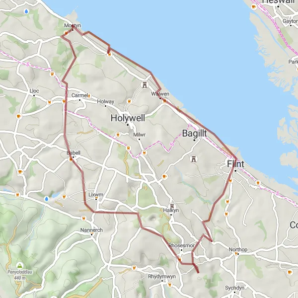 Map miniature of "Greenfield to Rhes-y-cae Gravel Loop" cycling inspiration in East Wales, United Kingdom. Generated by Tarmacs.app cycling route planner