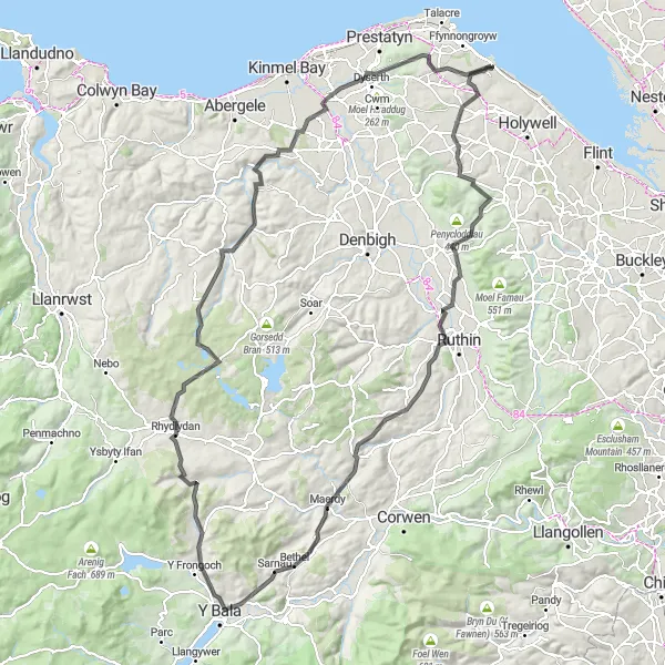 Map miniature of "Mostyn to Bala Loop" cycling inspiration in East Wales, United Kingdom. Generated by Tarmacs.app cycling route planner