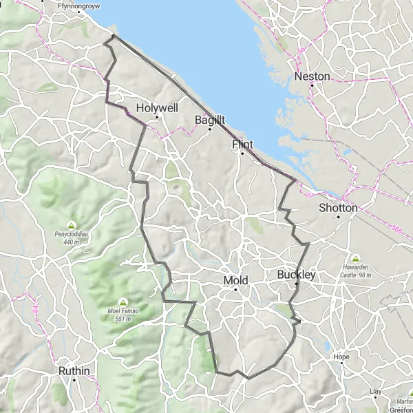 Map miniature of "Mostyn to Coed Talon Loop" cycling inspiration in East Wales, United Kingdom. Generated by Tarmacs.app cycling route planner