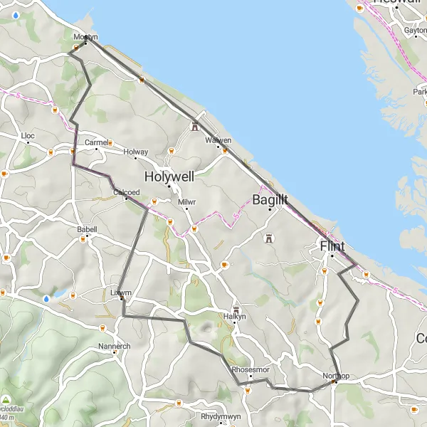 Map miniature of "The Flintshire Explorer" cycling inspiration in East Wales, United Kingdom. Generated by Tarmacs.app cycling route planner