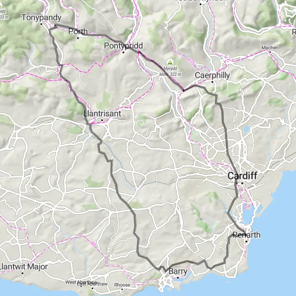 Map miniature of "Cog and Caerphilly Mountain Loop" cycling inspiration in East Wales, United Kingdom. Generated by Tarmacs.app cycling route planner