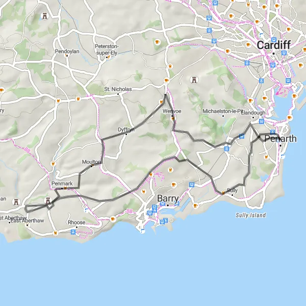 Map miniature of "Penarth to St Lythans Circular Route" cycling inspiration in East Wales, United Kingdom. Generated by Tarmacs.app cycling route planner