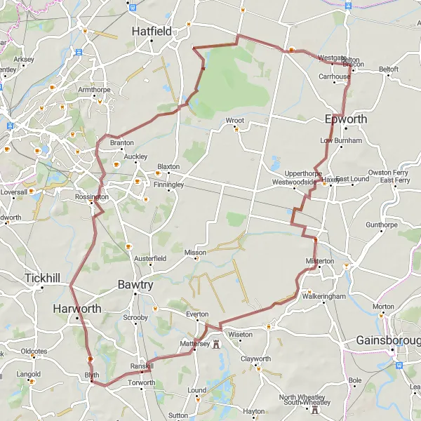 Map miniature of "Scenic Gravel Loop from Belton" cycling inspiration in East Yorkshire and Northern Lincolnshire, United Kingdom. Generated by Tarmacs.app cycling route planner