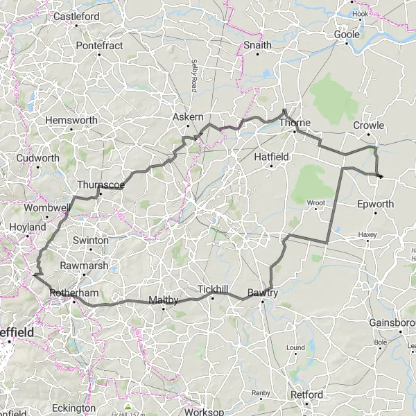 Map miniature of "The Yorkshire Border Adventure" cycling inspiration in East Yorkshire and Northern Lincolnshire, United Kingdom. Generated by Tarmacs.app cycling route planner