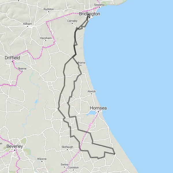 Map miniature of "Quiet roads and seaside views" cycling inspiration in East Yorkshire and Northern Lincolnshire, United Kingdom. Generated by Tarmacs.app cycling route planner