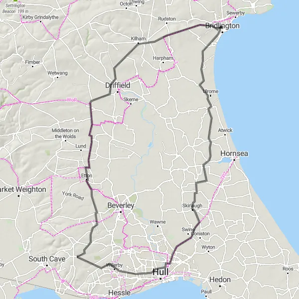 Map miniature of "Coastal wonders and historic gems" cycling inspiration in East Yorkshire and Northern Lincolnshire, United Kingdom. Generated by Tarmacs.app cycling route planner