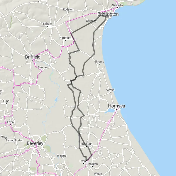 Map miniature of "Seaside escapade and idyllic countryside" cycling inspiration in East Yorkshire and Northern Lincolnshire, United Kingdom. Generated by Tarmacs.app cycling route planner