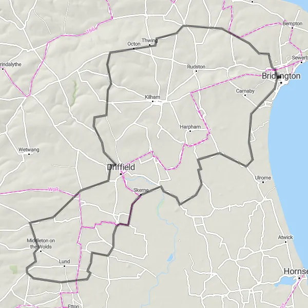 Map miniature of "The Bridlington Road Challenge" cycling inspiration in East Yorkshire and Northern Lincolnshire, United Kingdom. Generated by Tarmacs.app cycling route planner