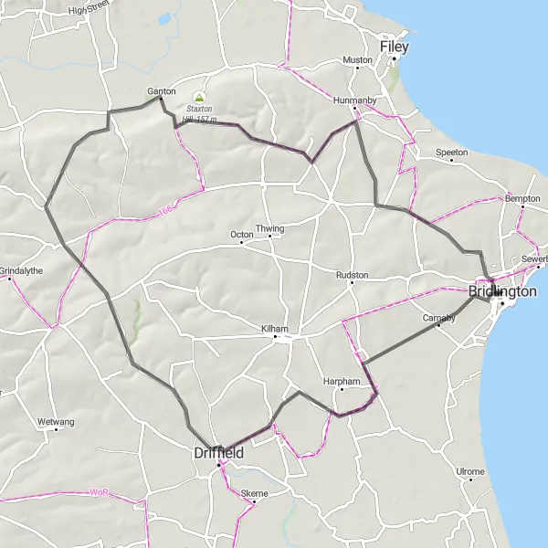 Map miniature of "Discover the East" cycling inspiration in East Yorkshire and Northern Lincolnshire, United Kingdom. Generated by Tarmacs.app cycling route planner