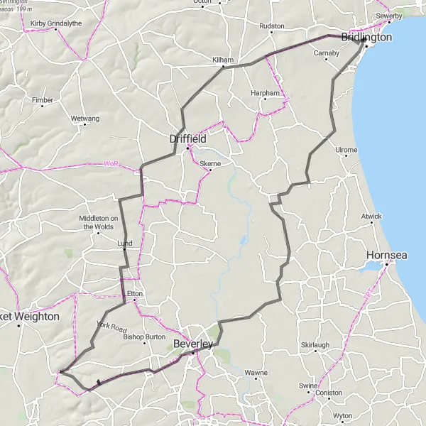 Map miniature of "Picturesque Tour" cycling inspiration in East Yorkshire and Northern Lincolnshire, United Kingdom. Generated by Tarmacs.app cycling route planner