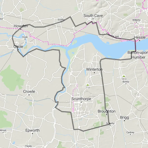 Map miniature of "Brough to Goole Grand Tour" cycling inspiration in East Yorkshire and Northern Lincolnshire, United Kingdom. Generated by Tarmacs.app cycling route planner