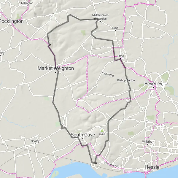 Map miniature of "The Wolds Tour" cycling inspiration in East Yorkshire and Northern Lincolnshire, United Kingdom. Generated by Tarmacs.app cycling route planner