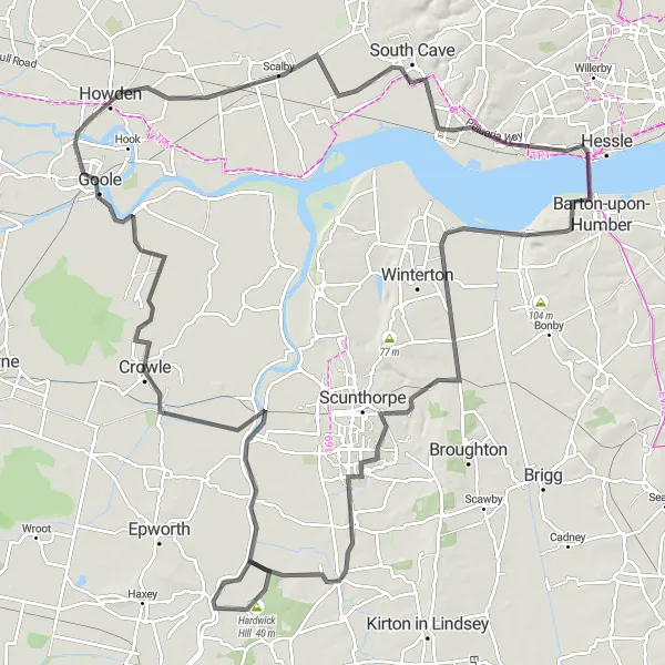 Map miniature of "Humber Bridge to Gilberdyke Scenic Ride" cycling inspiration in East Yorkshire and Northern Lincolnshire, United Kingdom. Generated by Tarmacs.app cycling route planner