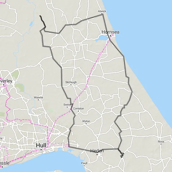 Map miniature of "Wolds Explorer" cycling inspiration in East Yorkshire and Northern Lincolnshire, United Kingdom. Generated by Tarmacs.app cycling route planner