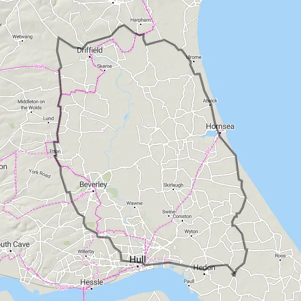 Map miniature of "Hull to Burton Pidsea Road Cycling Route" cycling inspiration in East Yorkshire and Northern Lincolnshire, United Kingdom. Generated by Tarmacs.app cycling route planner