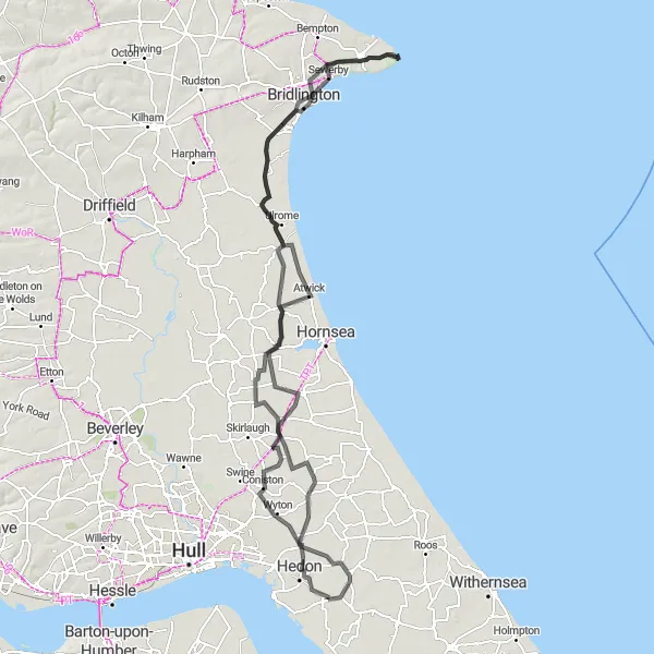 Map miniature of "Coast and Countryside" cycling inspiration in East Yorkshire and Northern Lincolnshire, United Kingdom. Generated by Tarmacs.app cycling route planner