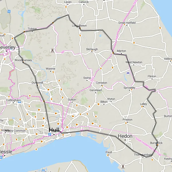 Map miniature of "Regal Road" cycling inspiration in East Yorkshire and Northern Lincolnshire, United Kingdom. Generated by Tarmacs.app cycling route planner