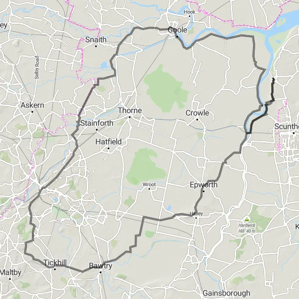 Map miniature of "Challenging Countryside Loop" cycling inspiration in East Yorkshire and Northern Lincolnshire, United Kingdom. Generated by Tarmacs.app cycling route planner