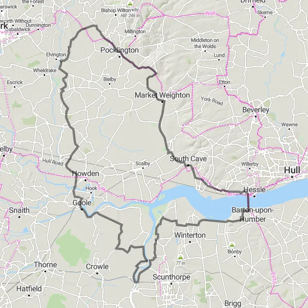 Map miniature of "The Isle of Axholme Epic" cycling inspiration in East Yorkshire and Northern Lincolnshire, United Kingdom. Generated by Tarmacs.app cycling route planner