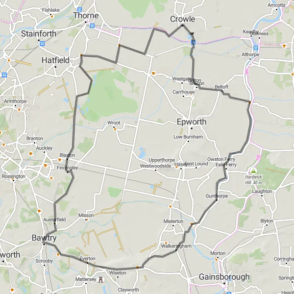 Map miniature of "Journey Through the Picturesque East Yorkshire Countryside" cycling inspiration in East Yorkshire and Northern Lincolnshire, United Kingdom. Generated by Tarmacs.app cycling route planner