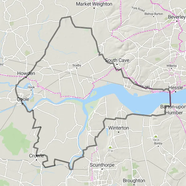 Map miniature of "Swinefleet to Ealand Road Route" cycling inspiration in East Yorkshire and Northern Lincolnshire, United Kingdom. Generated by Tarmacs.app cycling route planner