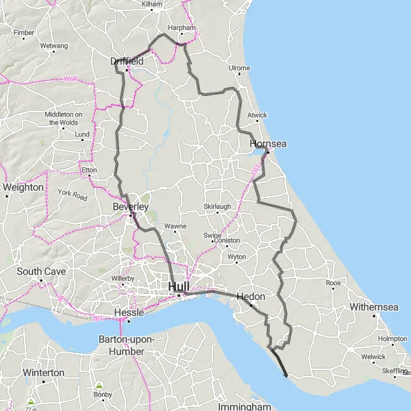 Map miniature of "Coastal Delights" cycling inspiration in East Yorkshire and Northern Lincolnshire, United Kingdom. Generated by Tarmacs.app cycling route planner