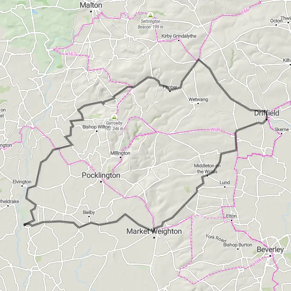 Map miniature of "The Yorkshire Wolds Circuit" cycling inspiration in East Yorkshire and Northern Lincolnshire, United Kingdom. Generated by Tarmacs.app cycling route planner