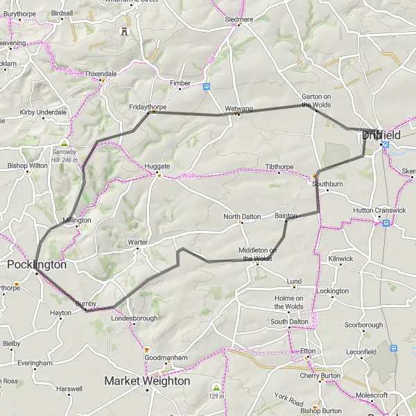 Map miniature of "Middleton on the Wolds and Pocklington Loop" cycling inspiration in East Yorkshire and Northern Lincolnshire, United Kingdom. Generated by Tarmacs.app cycling route planner