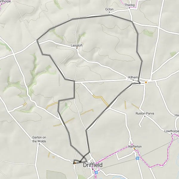 Map miniature of "Driffield to Kilham Ride" cycling inspiration in East Yorkshire and Northern Lincolnshire, United Kingdom. Generated by Tarmacs.app cycling route planner
