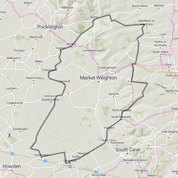 Map miniature of "Holme-on-Spalding-Moor and Warter Loop" cycling inspiration in East Yorkshire and Northern Lincolnshire, United Kingdom. Generated by Tarmacs.app cycling route planner