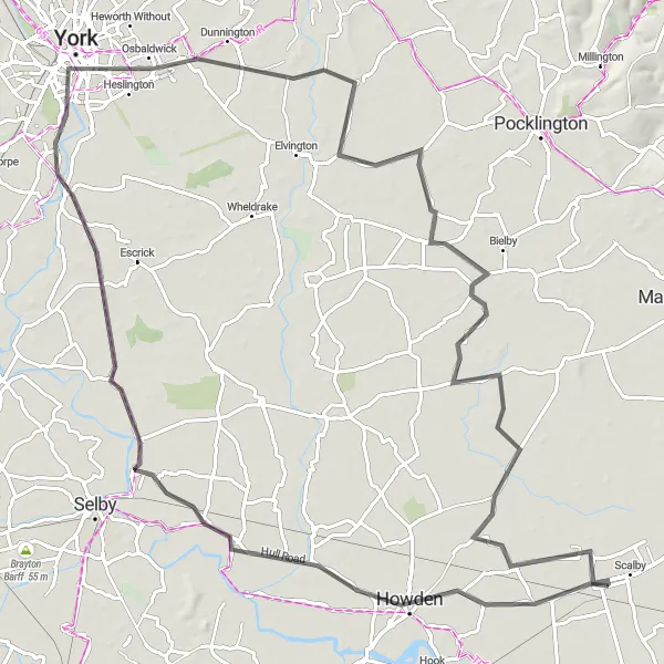 Map miniature of "Gilberdyke to York Adventure" cycling inspiration in East Yorkshire and Northern Lincolnshire, United Kingdom. Generated by Tarmacs.app cycling route planner