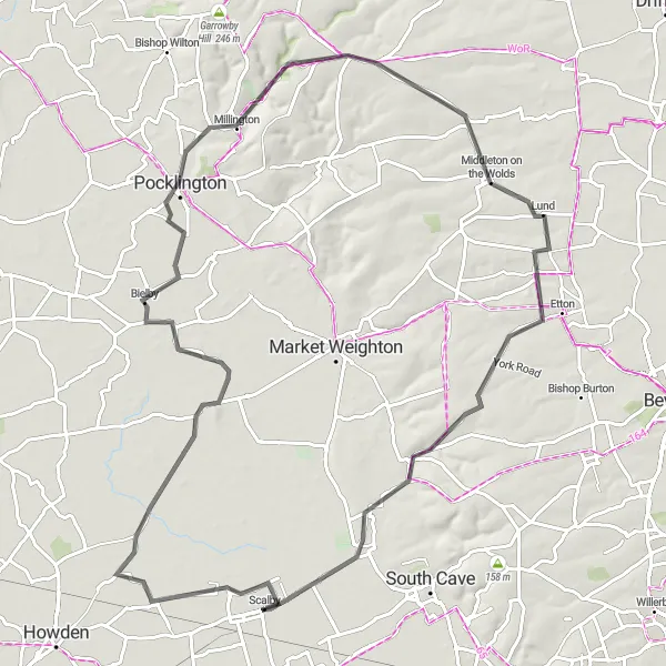 Map miniature of "The Pocklington Challenge" cycling inspiration in East Yorkshire and Northern Lincolnshire, United Kingdom. Generated by Tarmacs.app cycling route planner