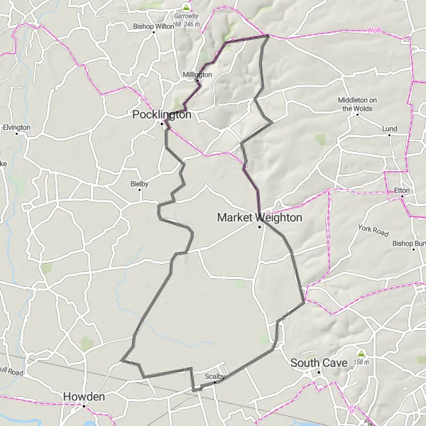 Map miniature of "The Wolds Exploration" cycling inspiration in East Yorkshire and Northern Lincolnshire, United Kingdom. Generated by Tarmacs.app cycling route planner