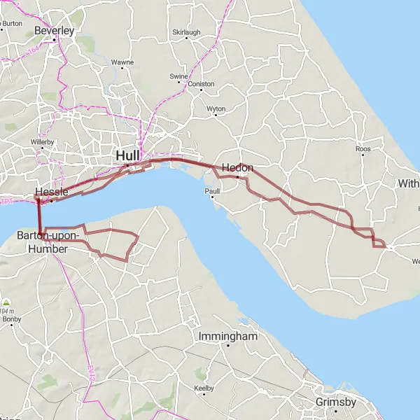 Map miniature of "The Humber Bridge Gravel Adventure" cycling inspiration in East Yorkshire and Northern Lincolnshire, United Kingdom. Generated by Tarmacs.app cycling route planner