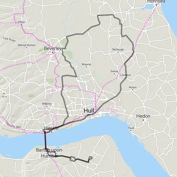 Map miniature of "The Humber Bridge Explorer" cycling inspiration in East Yorkshire and Northern Lincolnshire, United Kingdom. Generated by Tarmacs.app cycling route planner