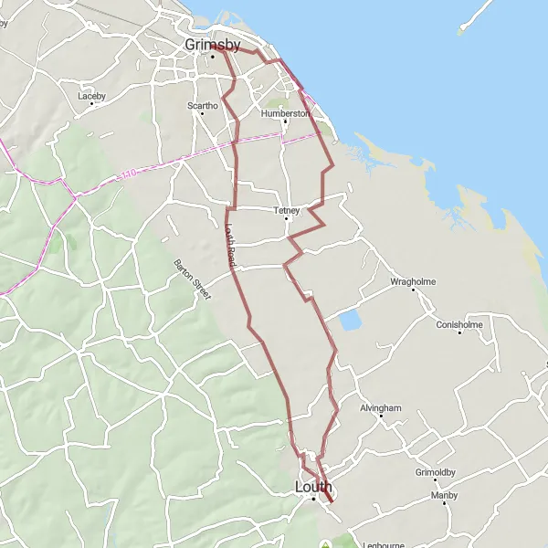 Map miniature of "Wolds Gravel Adventure" cycling inspiration in East Yorkshire and Northern Lincolnshire, United Kingdom. Generated by Tarmacs.app cycling route planner