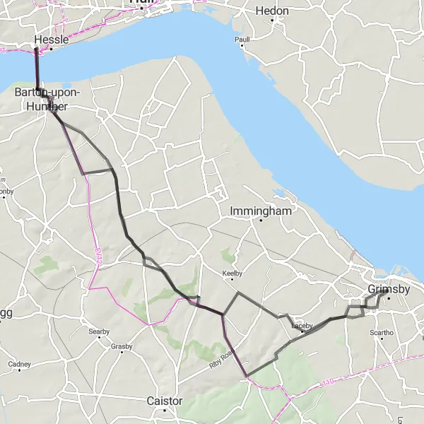 Map miniature of "Wolds and Bridges" cycling inspiration in East Yorkshire and Northern Lincolnshire, United Kingdom. Generated by Tarmacs.app cycling route planner