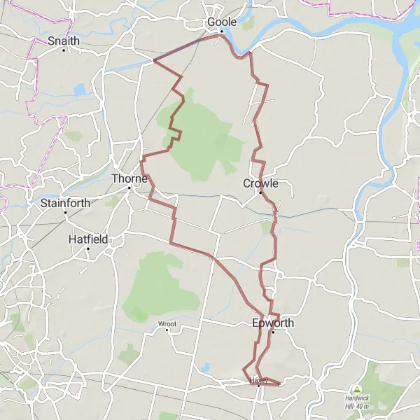 Map miniature of "Riverside Gravel Loop" cycling inspiration in East Yorkshire and Northern Lincolnshire, United Kingdom. Generated by Tarmacs.app cycling route planner