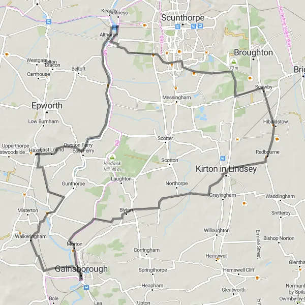 Map miniature of "The Isle of Axholme Loop" cycling inspiration in East Yorkshire and Northern Lincolnshire, United Kingdom. Generated by Tarmacs.app cycling route planner