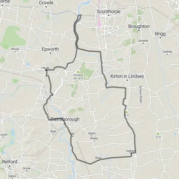 Map miniature of "Haxey to West Butterwick Adventure" cycling inspiration in East Yorkshire and Northern Lincolnshire, United Kingdom. Generated by Tarmacs.app cycling route planner