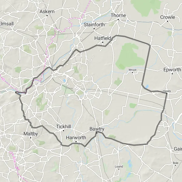 Map miniature of "Haxey to Misterton Round-trip" cycling inspiration in East Yorkshire and Northern Lincolnshire, United Kingdom. Generated by Tarmacs.app cycling route planner