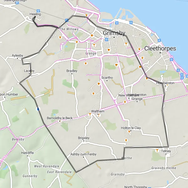 Map miniature of "Grimsby and Humberston Loop" cycling inspiration in East Yorkshire and Northern Lincolnshire, United Kingdom. Generated by Tarmacs.app cycling route planner