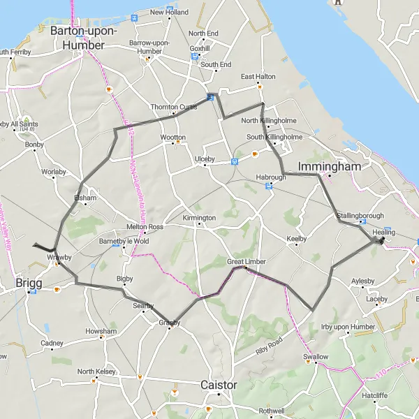 Map miniature of "Great Limber & Wrawby Road Loop" cycling inspiration in East Yorkshire and Northern Lincolnshire, United Kingdom. Generated by Tarmacs.app cycling route planner