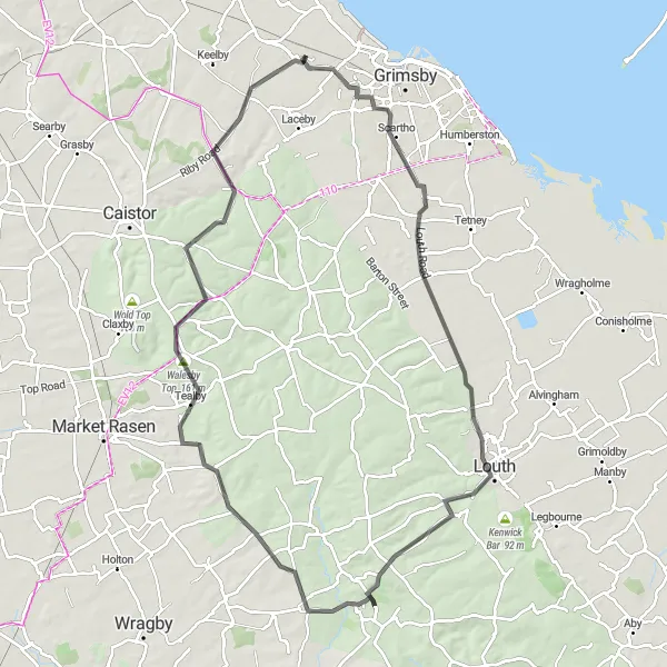Map miniature of "Road Route - Healing to Riby" cycling inspiration in East Yorkshire and Northern Lincolnshire, United Kingdom. Generated by Tarmacs.app cycling route planner
