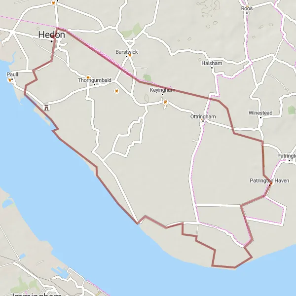 Map miniature of "The Gravel Escape" cycling inspiration in East Yorkshire and Northern Lincolnshire, United Kingdom. Generated by Tarmacs.app cycling route planner