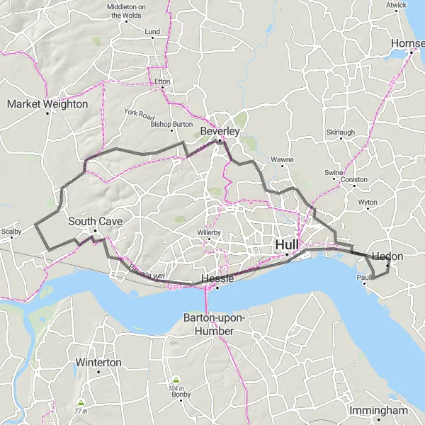 Map miniature of "The Hessle-Beverley Loop" cycling inspiration in East Yorkshire and Northern Lincolnshire, United Kingdom. Generated by Tarmacs.app cycling route planner