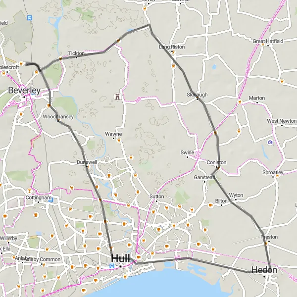 Map miniature of "Hedon to Skirlaugh Adventure" cycling inspiration in East Yorkshire and Northern Lincolnshire, United Kingdom. Generated by Tarmacs.app cycling route planner